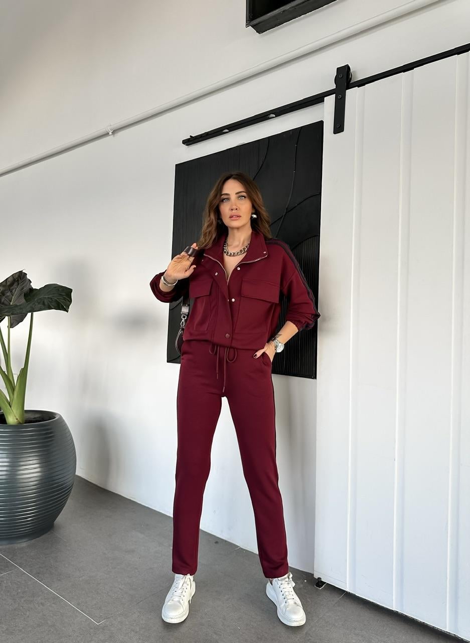 Bordo Şeritli Kapak Cepli Takım