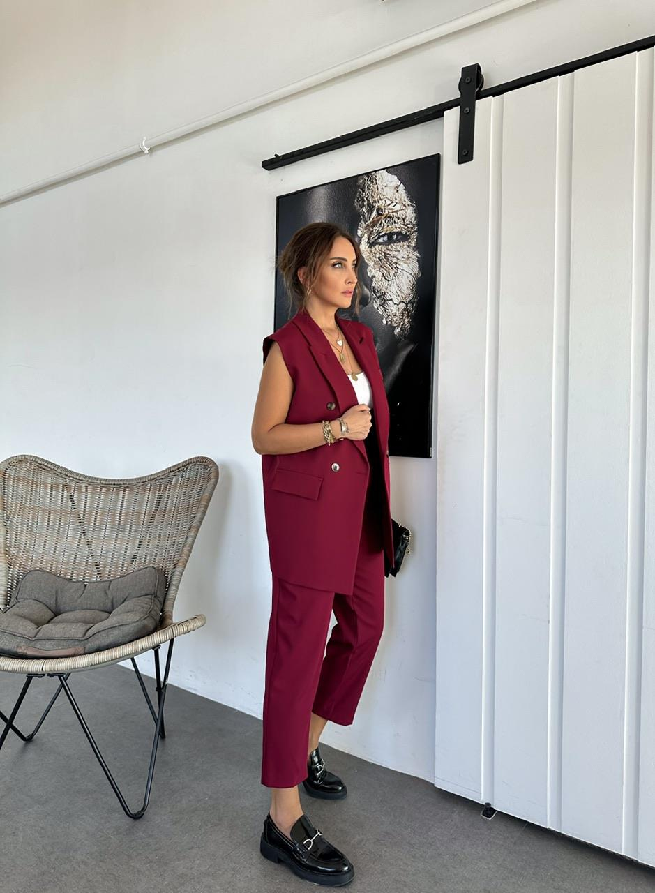 Bordo Şık Yelekli Takım