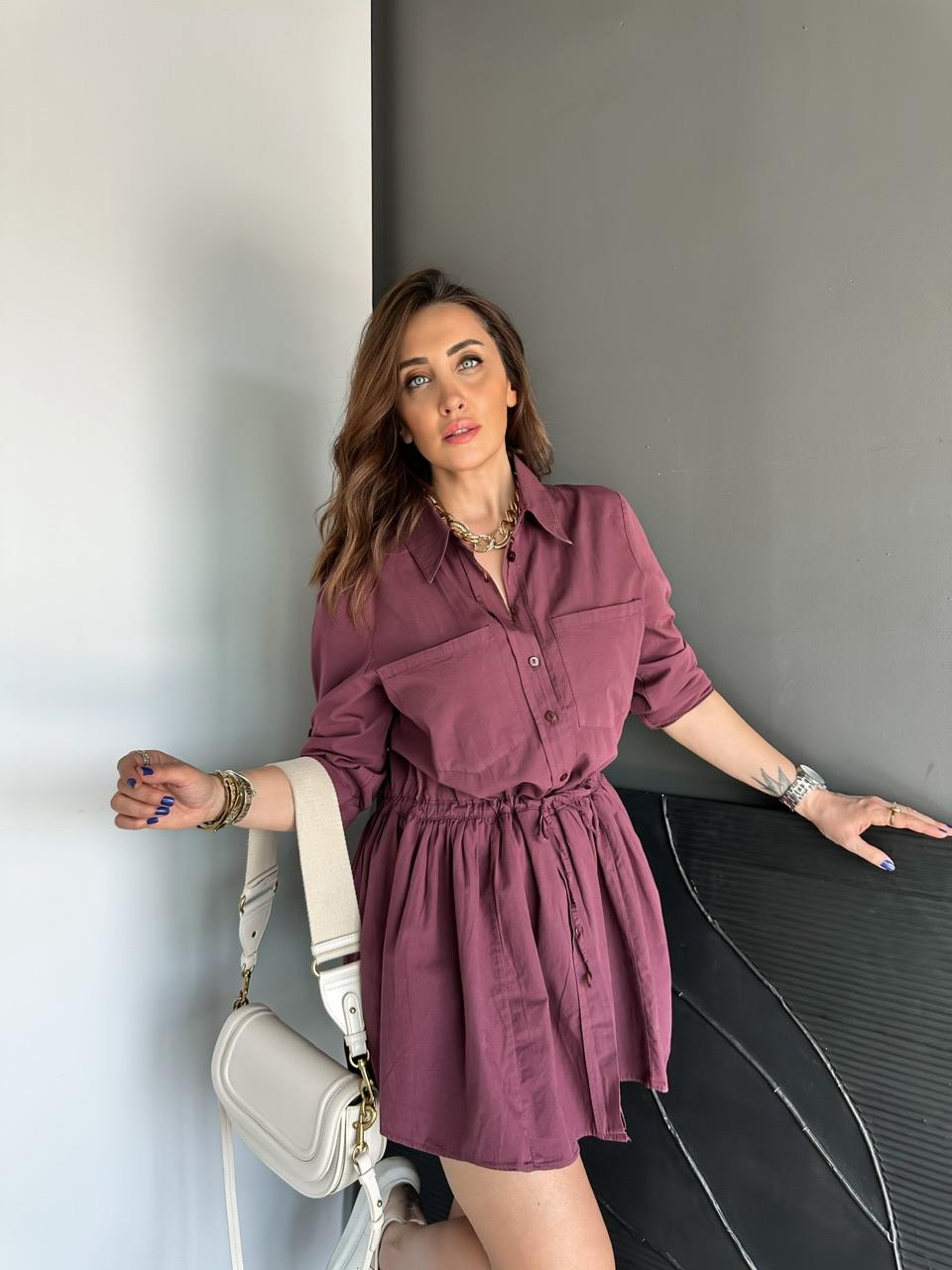 Bordo Şortlu Gömlek Elbise