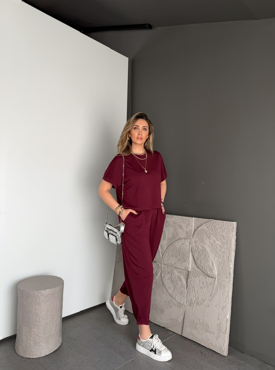 Bordo T Kol Likralı Modal Takım