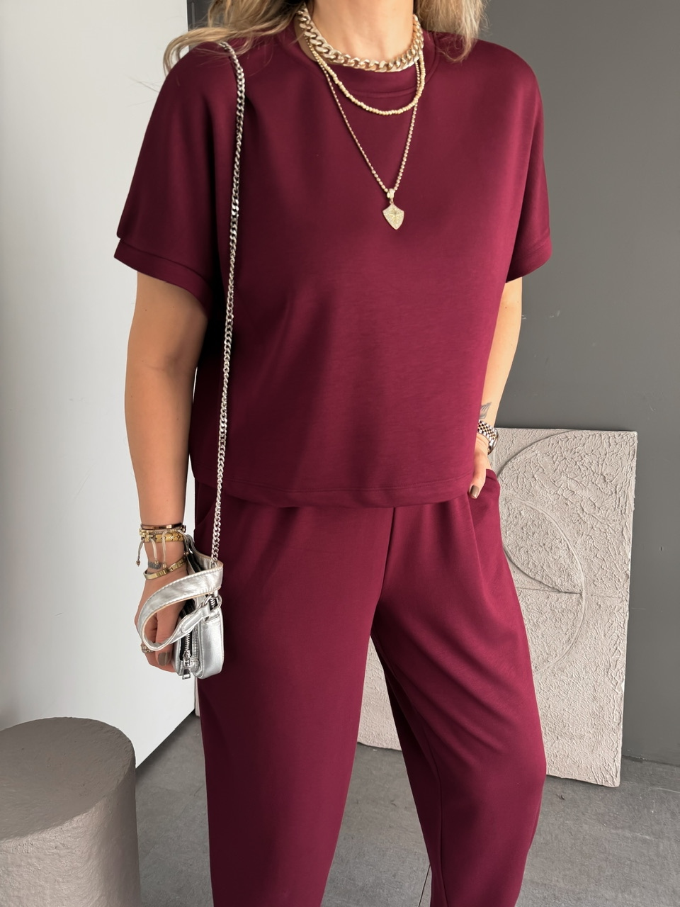 Bordo T Kol Likralı Modal Takım