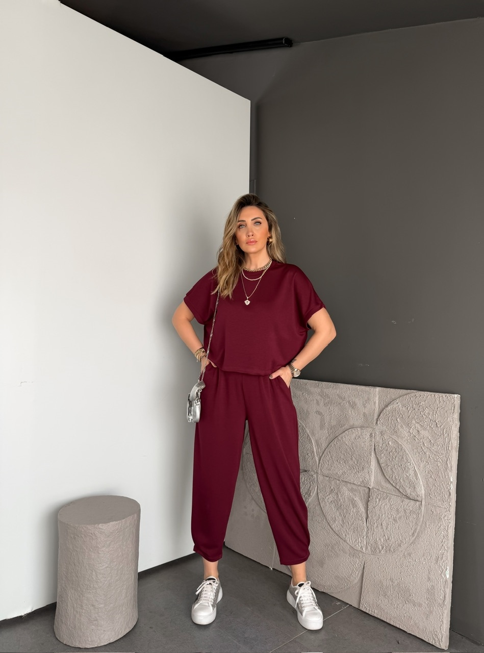 Bordo T Kol Likralı Modal Takım