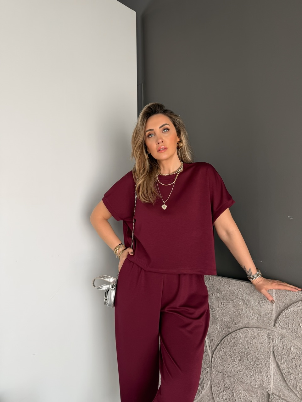 Bordo T Kol Likralı Modal Takım