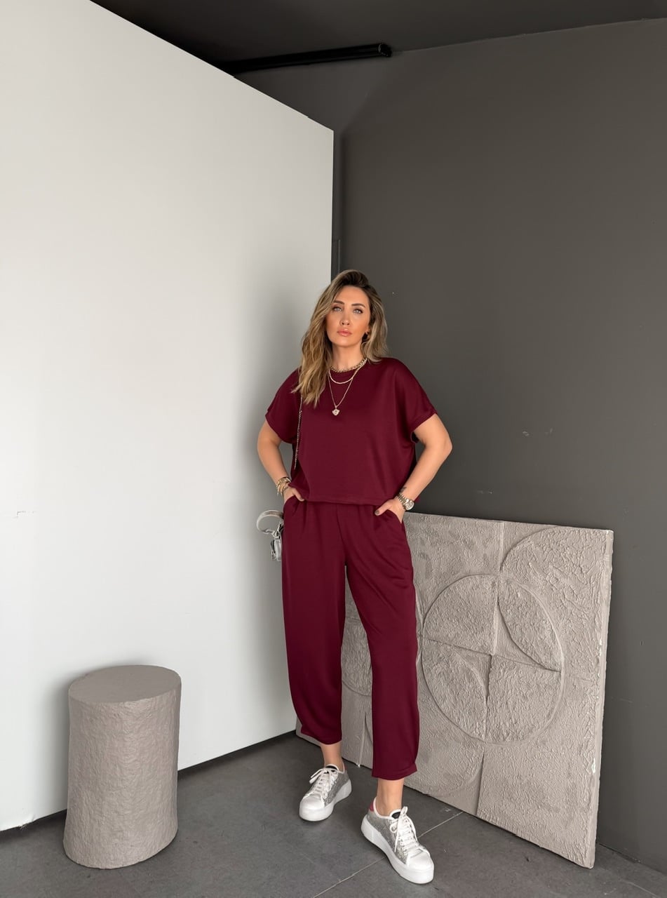 Bordo T Kol Likralı Modal Takım