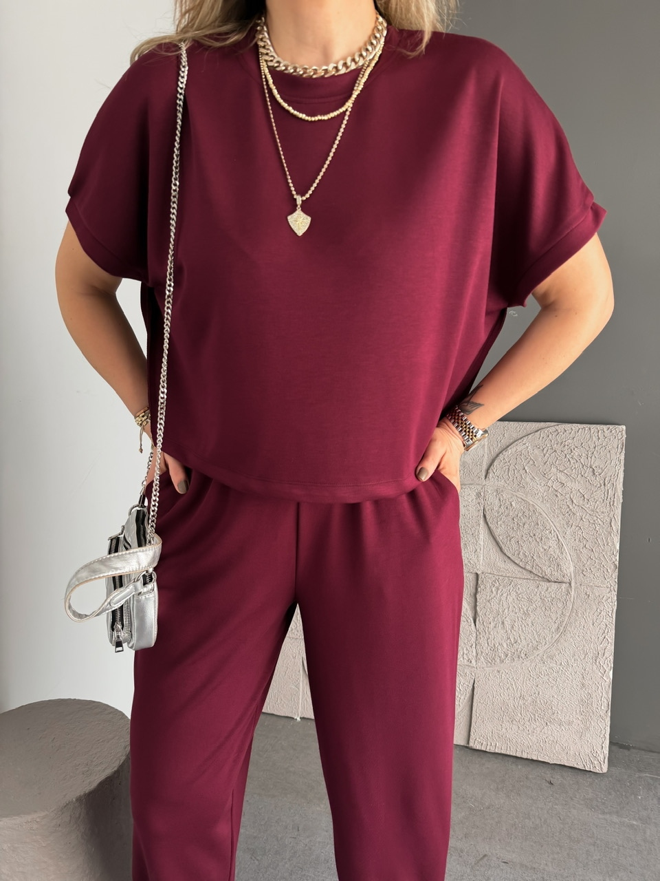 Bordo T Kol Likralı Modal Takım