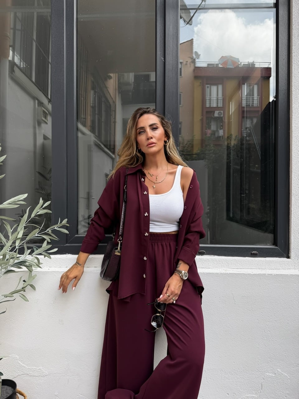 Bordo Taş Düğmeli Şık Salaş Takım