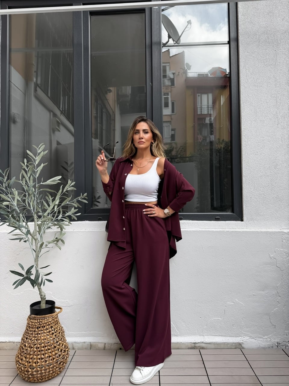 Bordo Taş Düğmeli Şık Salaş Takım