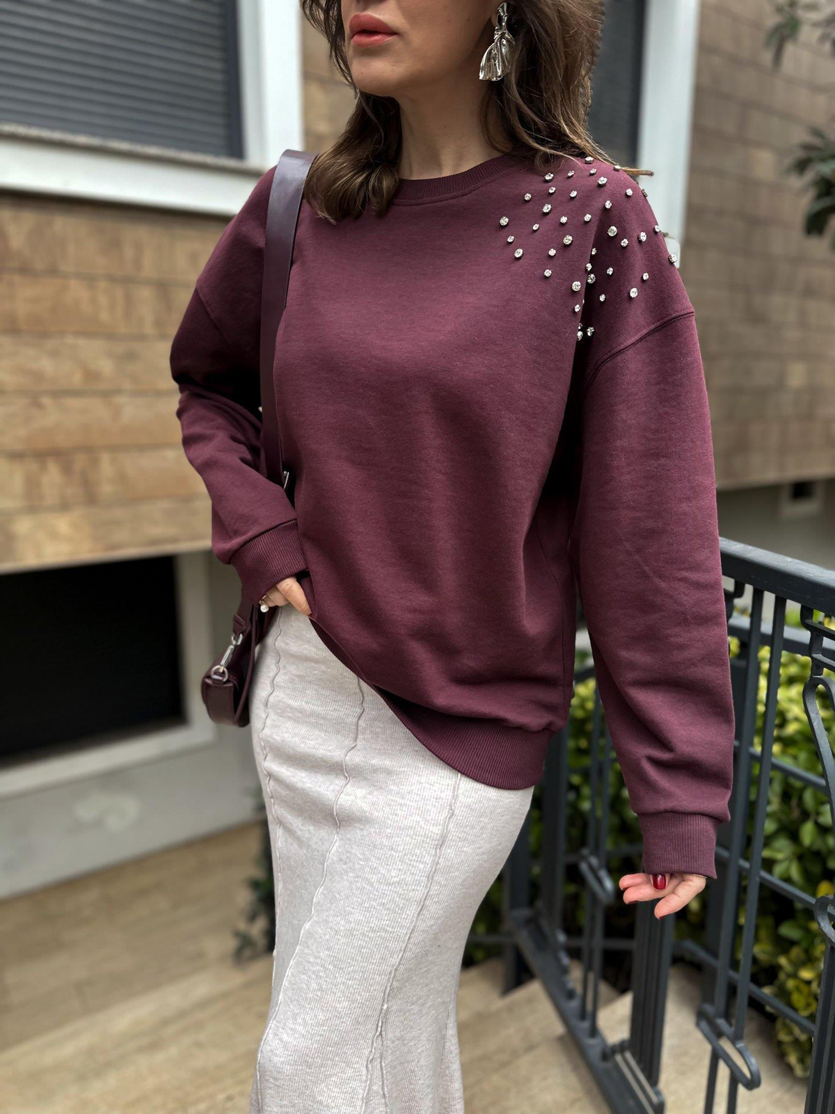 Bordo Taş İşlemeli Basic Sweatshirt