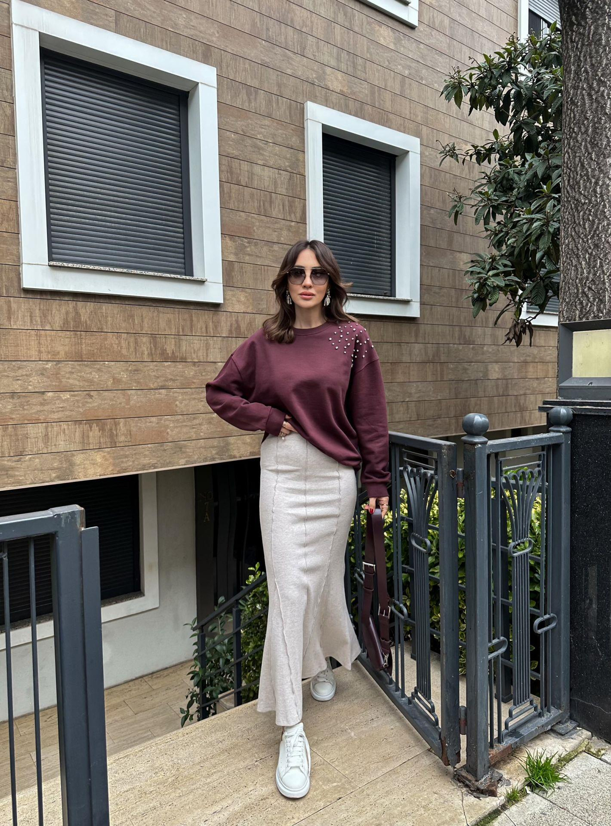 Bordo Taş İşlemeli Basic Sweatshirt