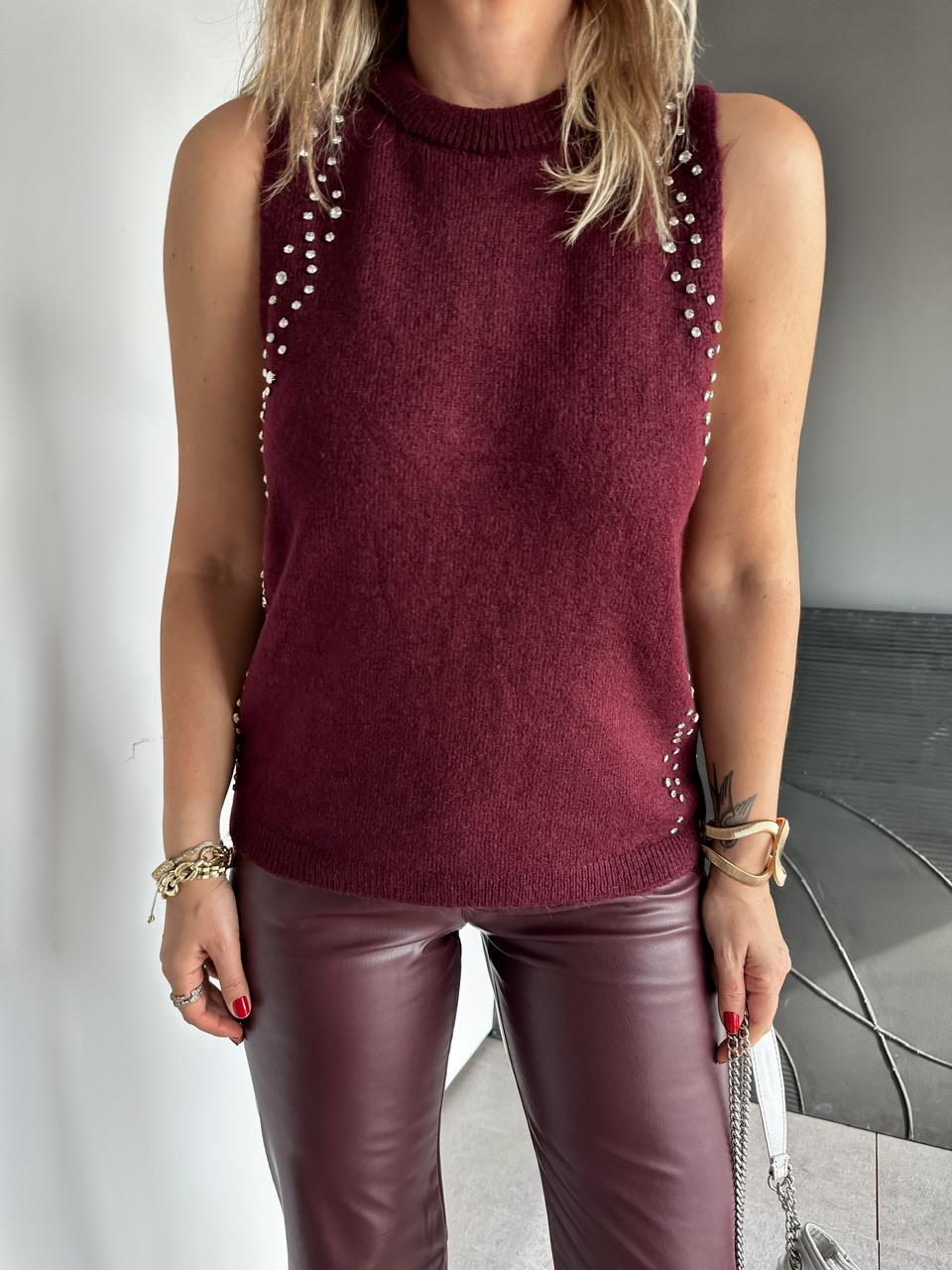 Bordo Taşlı Bisiklet Yaka Triko