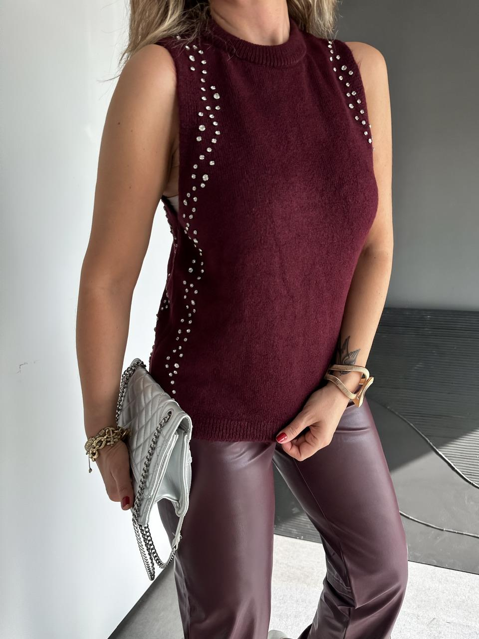 Bordo Taşlı Bisiklet Yaka Triko