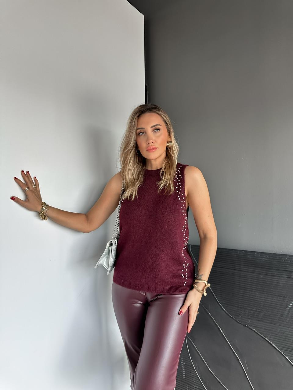Bordo Taşlı Bisiklet Yaka Triko