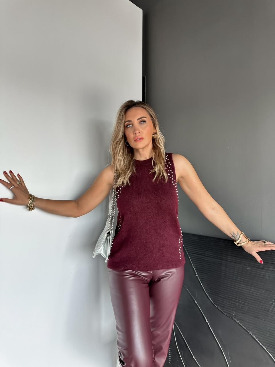 Bordo Taşlı Bisiklet Yaka Triko