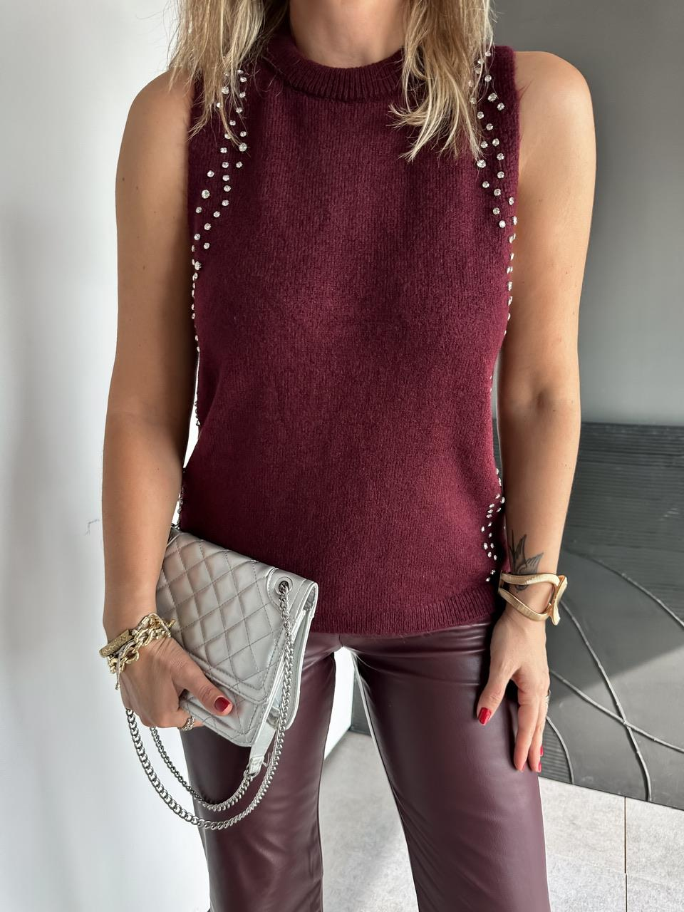 Bordo Taşlı Bisiklet Yaka Triko