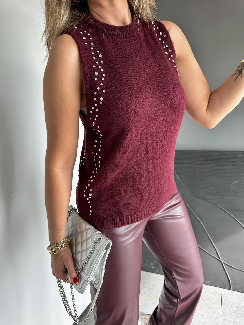 Bordo Taşlı Bisiklet Yaka Triko