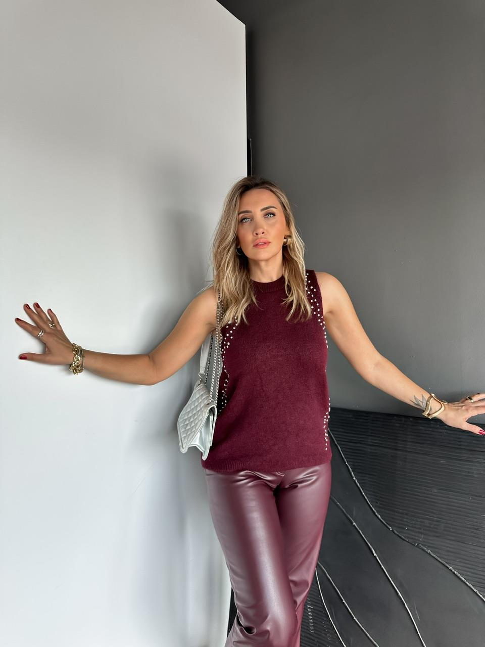 Bordo Taşlı Bisiklet Yaka Triko