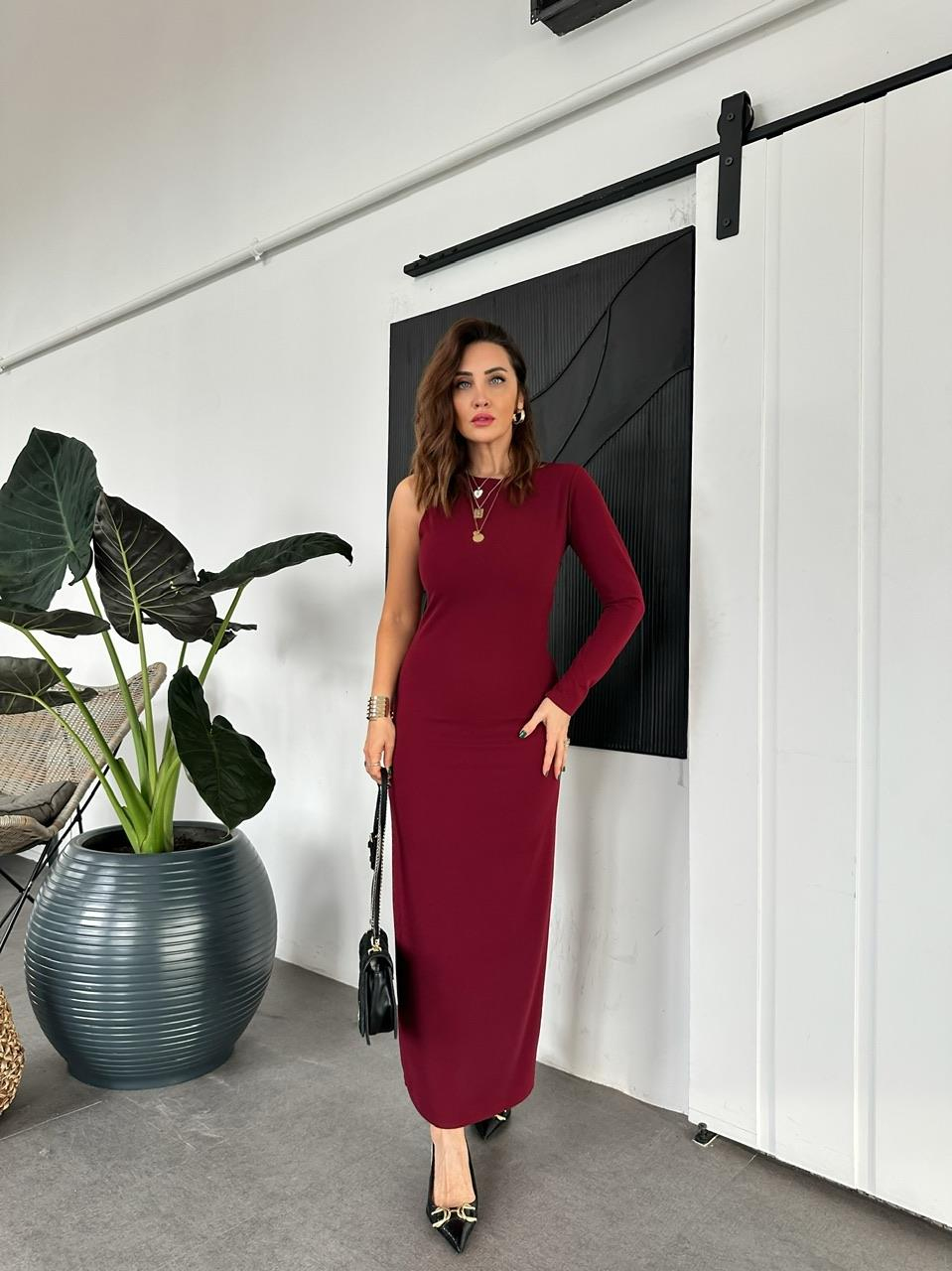 Bordo Tek Kollu Likralı Elbise
