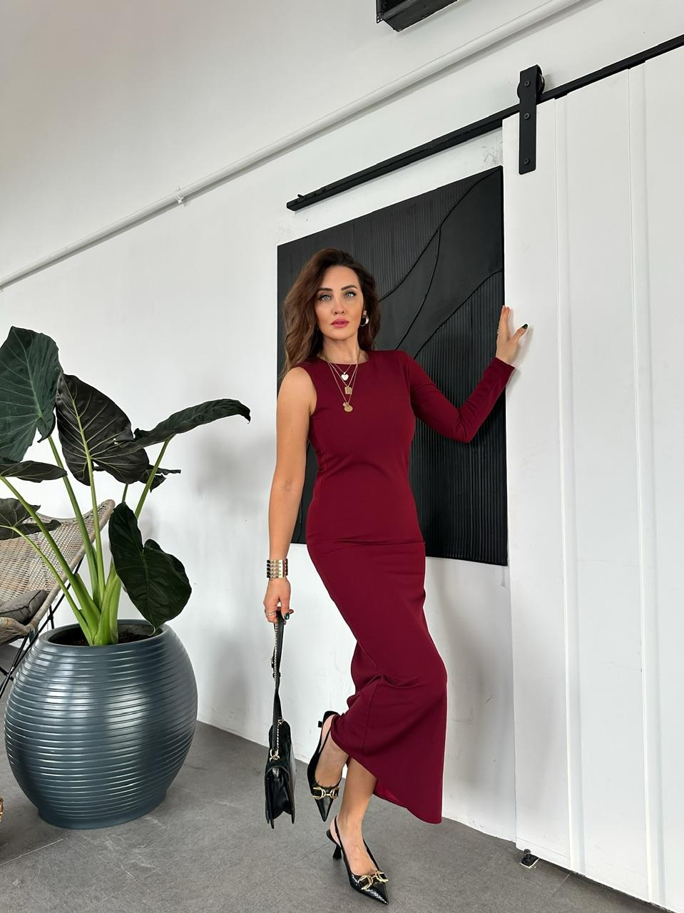 Bordo Tek Kollu Likralı Elbise