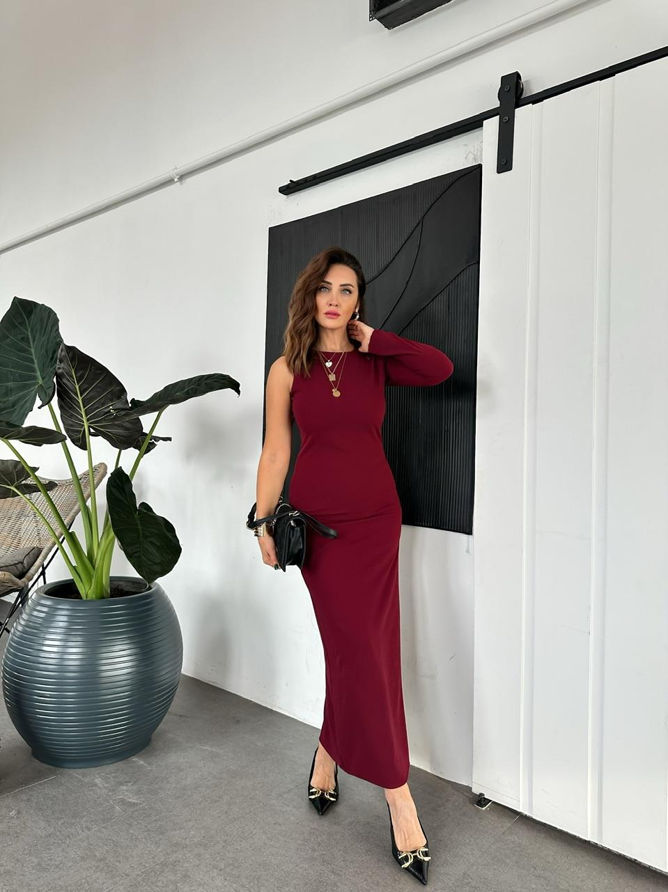 Bordo Tek Kollu Likralı Elbise