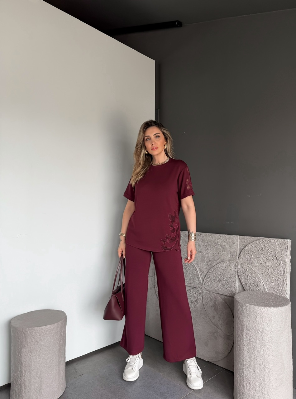 Bordo Tek Yanı Nakışlı Modal Takım