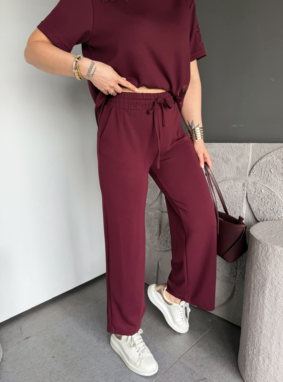 Bordo Tek Yanı Nakışlı Modal Takım