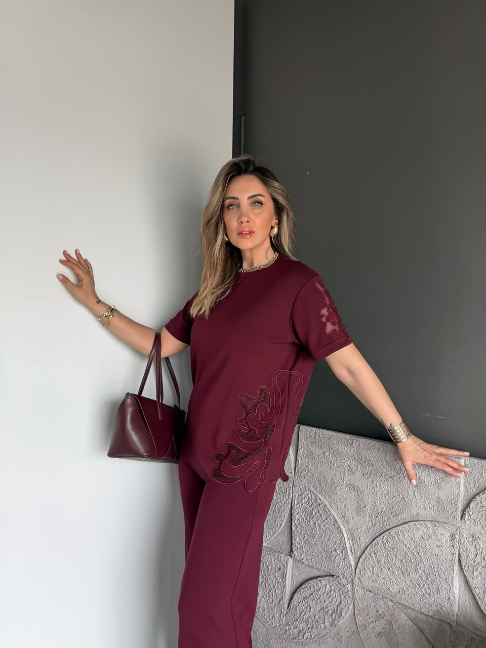 Bordo Tek Yanı Nakışlı Modal Takım