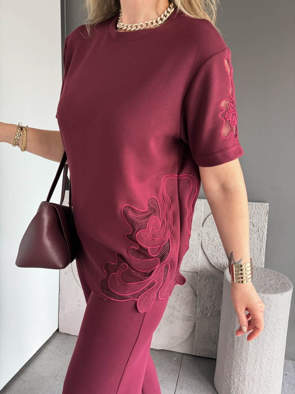 Bordo Tek Yanı Nakışlı Modal Takım