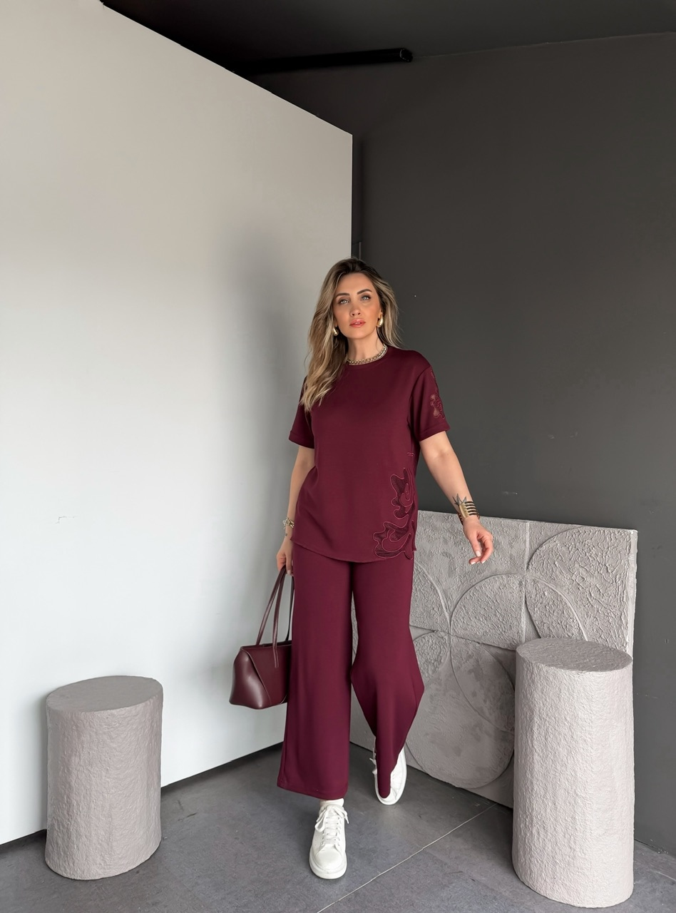 Bordo Tek Yanı Nakışlı Modal Takım