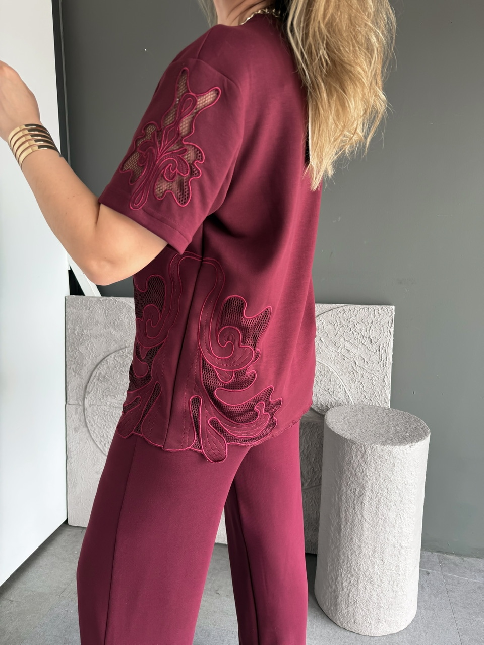 Bordo Tek Yanı Nakışlı Modal Takım