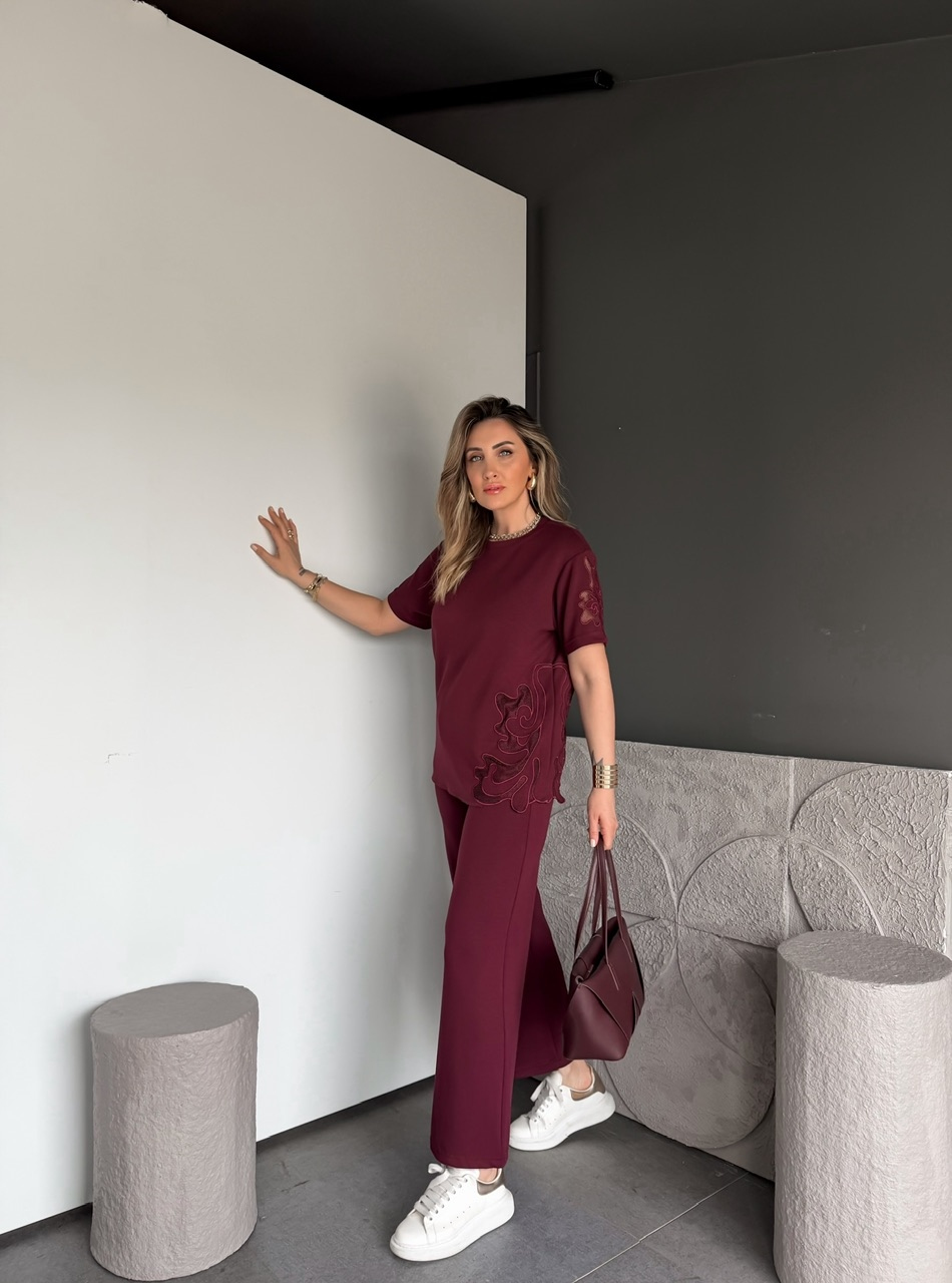 Bordo Tek Yanı Nakışlı Modal Takım