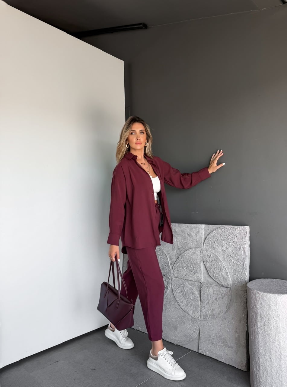 Bordo Tensel Nakışlı Gömlekli Takım