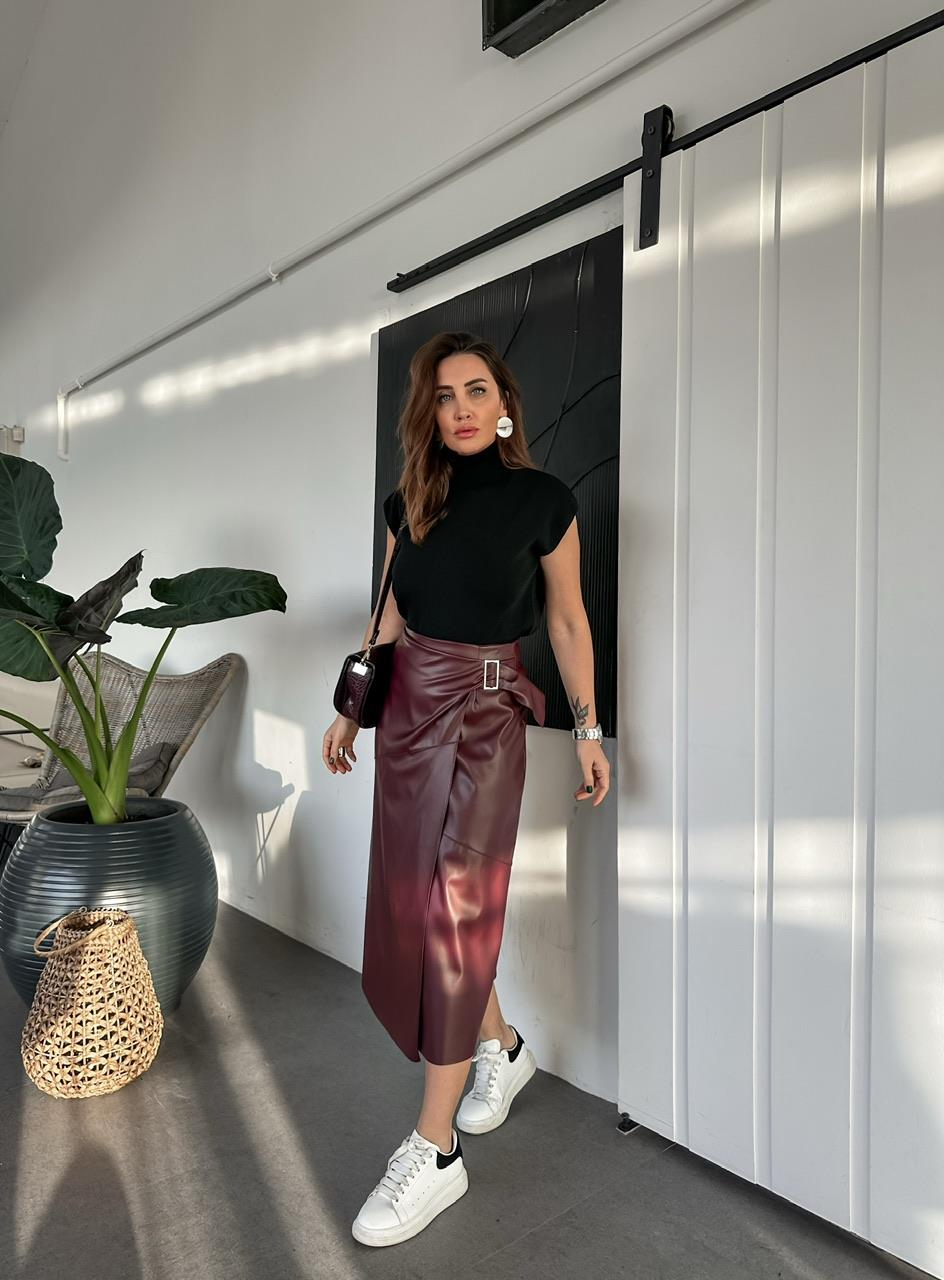 Bordo Tokalı Kruvaze Deri Etek