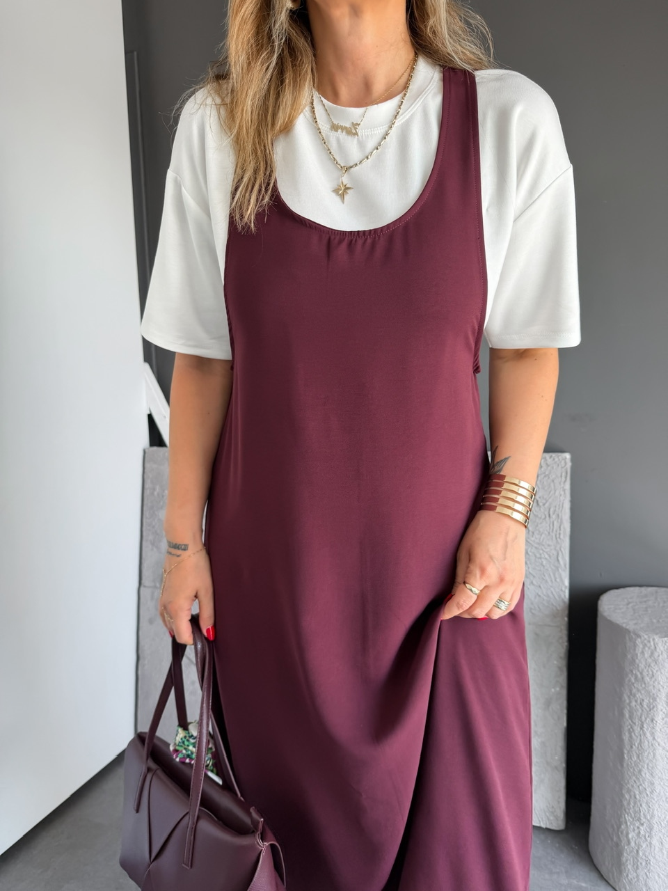 Bordo Tshirtlü Askılı Basic Elbise