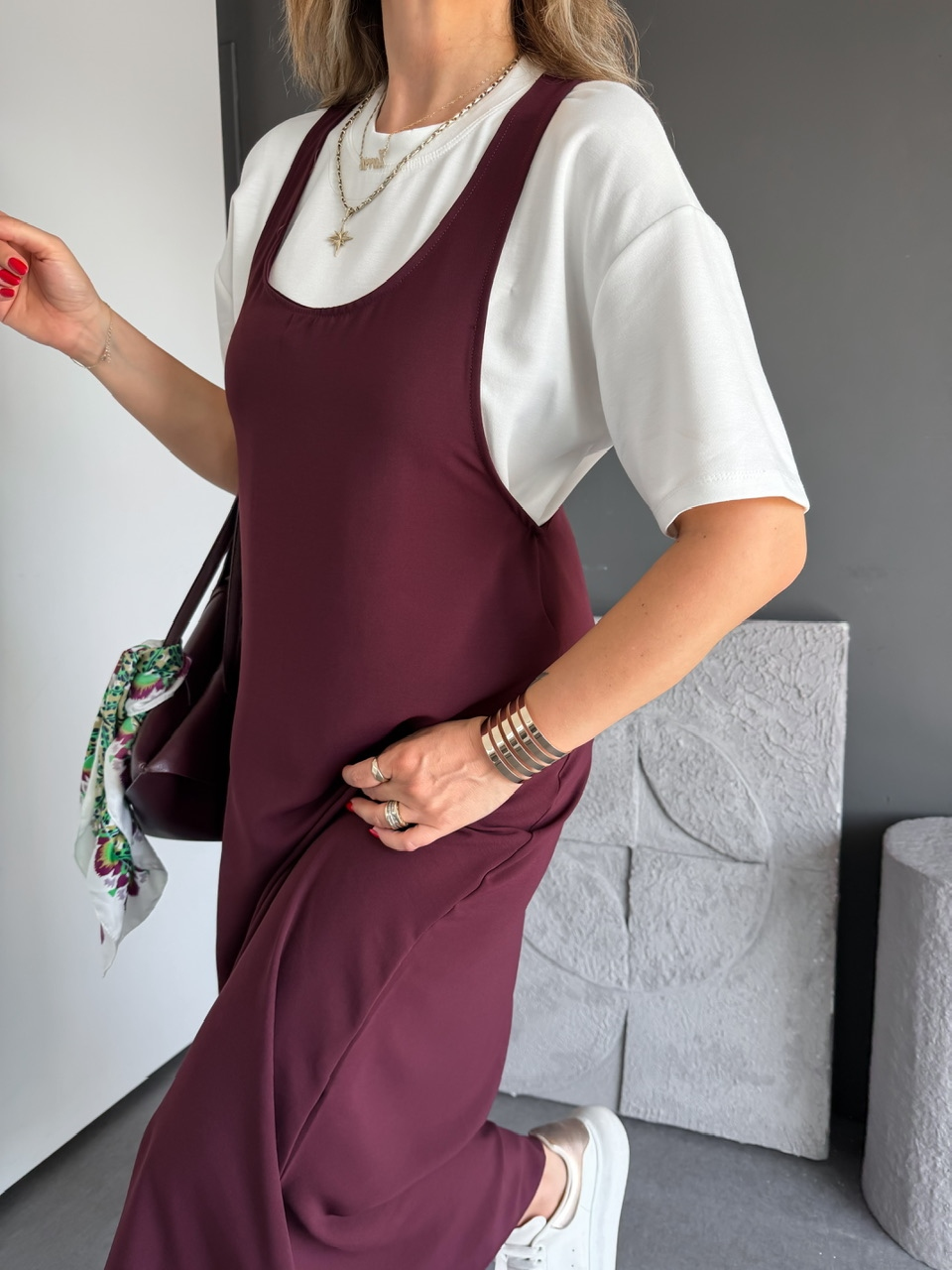 Bordo Tshirtlü Askılı Basic Elbise