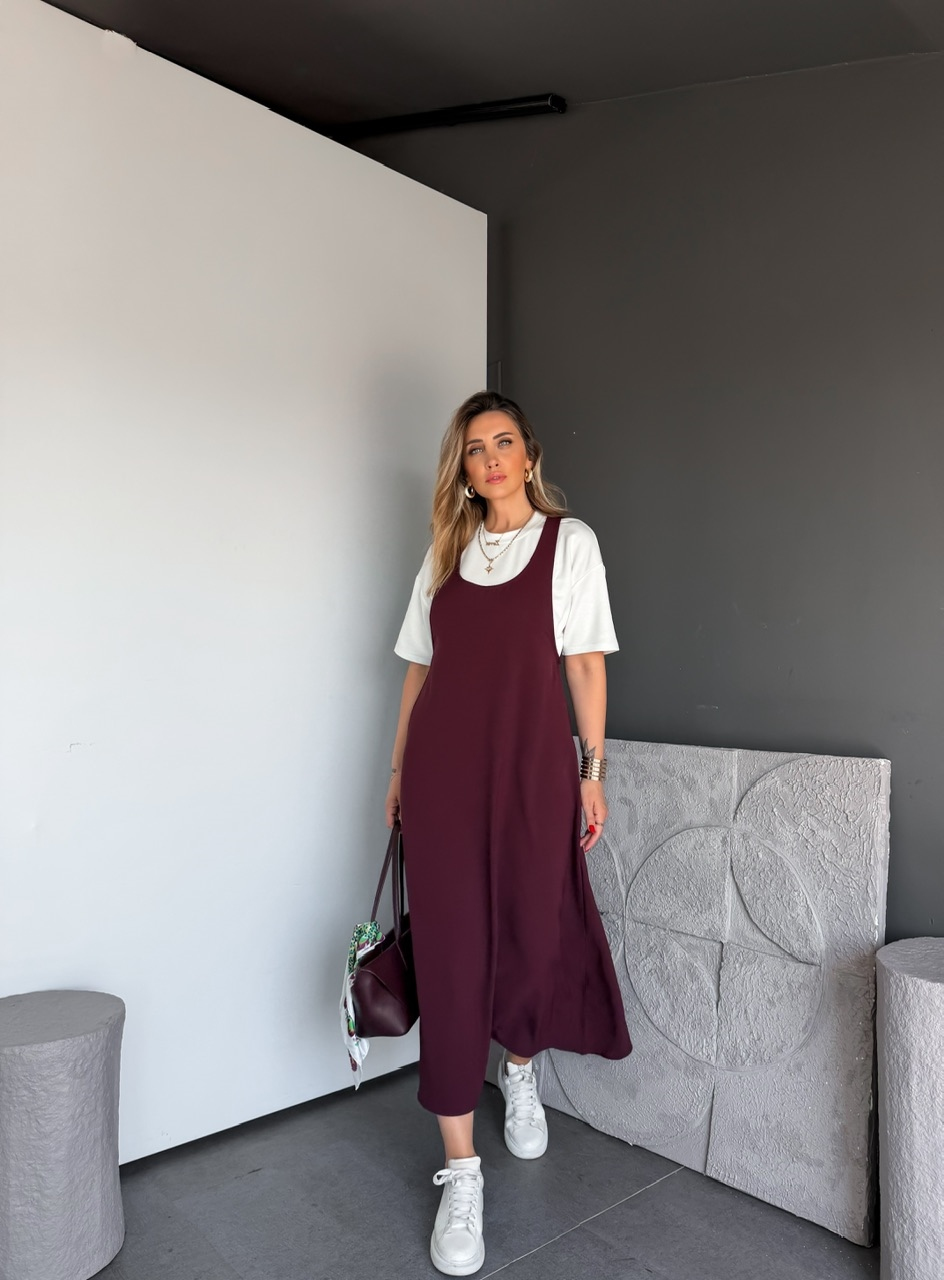 Bordo Tshirtlü Askılı Basic Elbise
