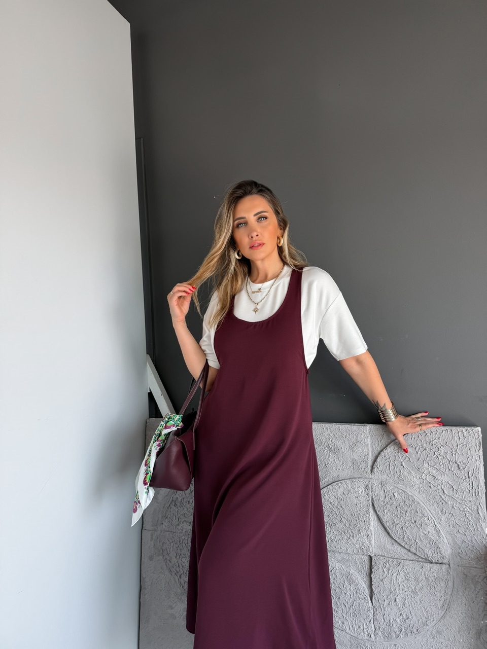 Bordo Tshirtlü Askılı Basic Elbise