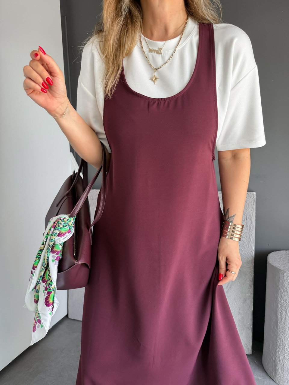 Bordo Tshirtlü Askılı Basic Elbise