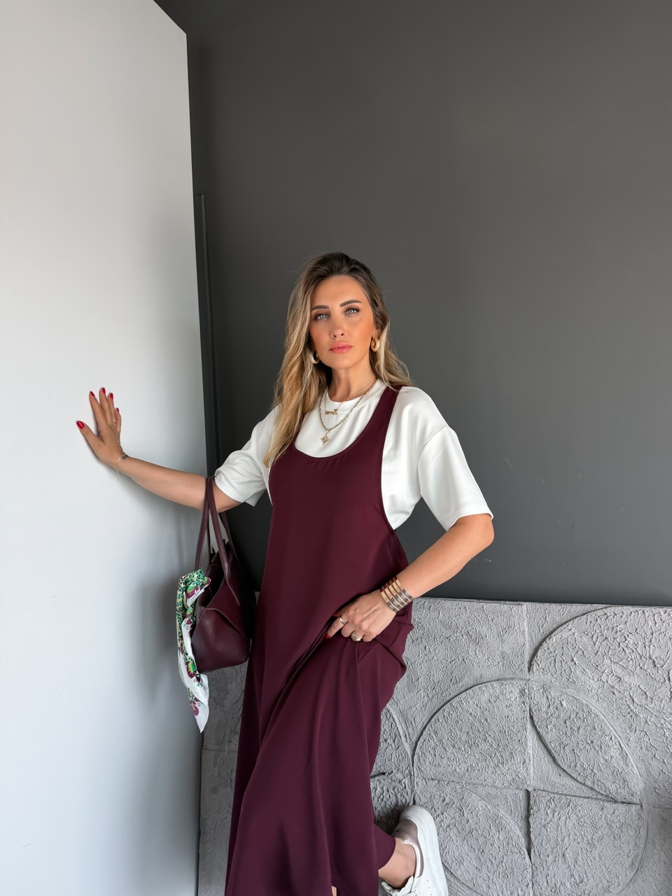 Bordo Tshirtlü Askılı Basic Elbise