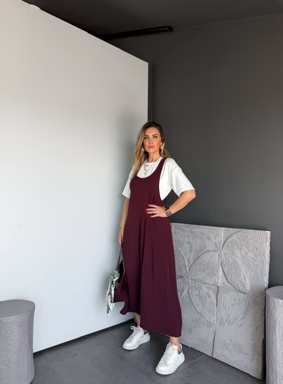 Bordo Tshirtlü Askılı Basic Elbise