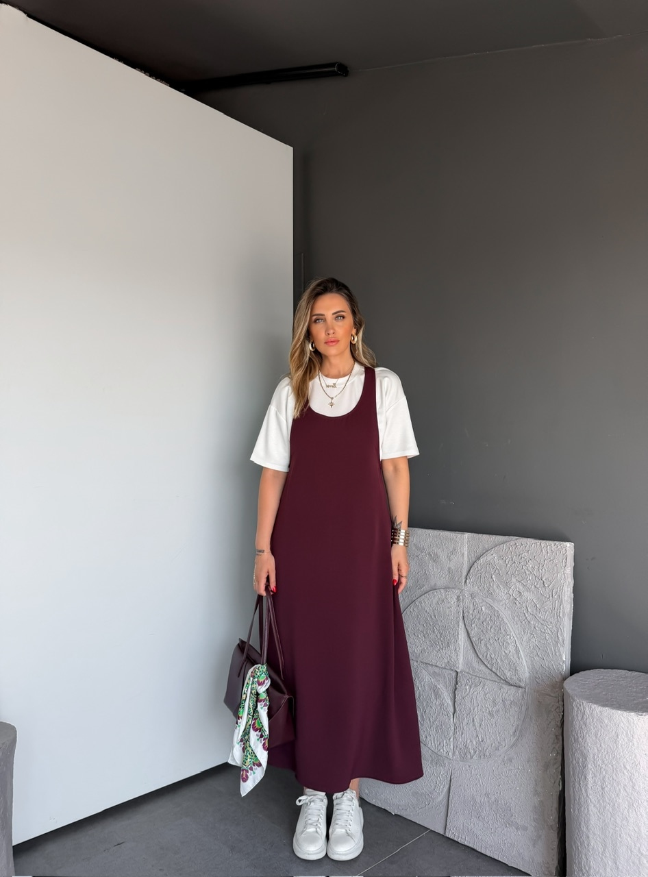 Bordo Tshirtlü Askılı Basic Elbise