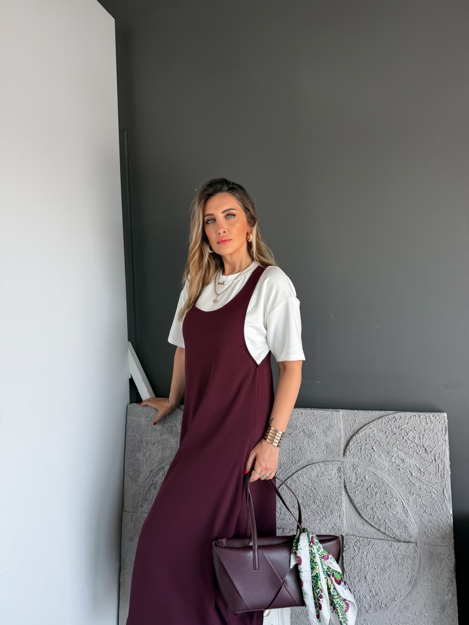 Bordo Tshirtlü Askılı Basic Elbise