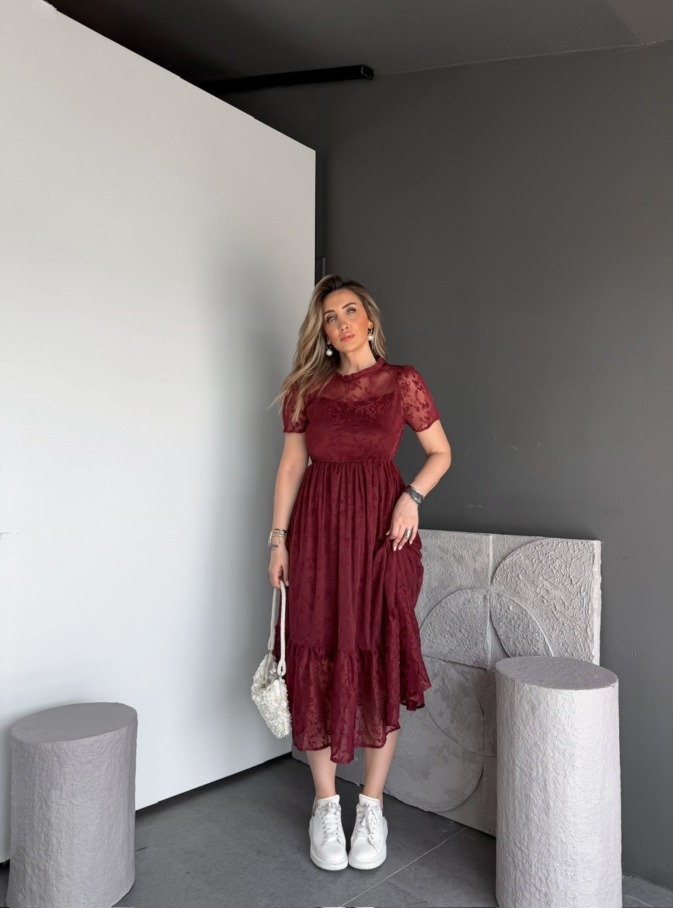 Bordo Tül Çiçek Desenli Elbise