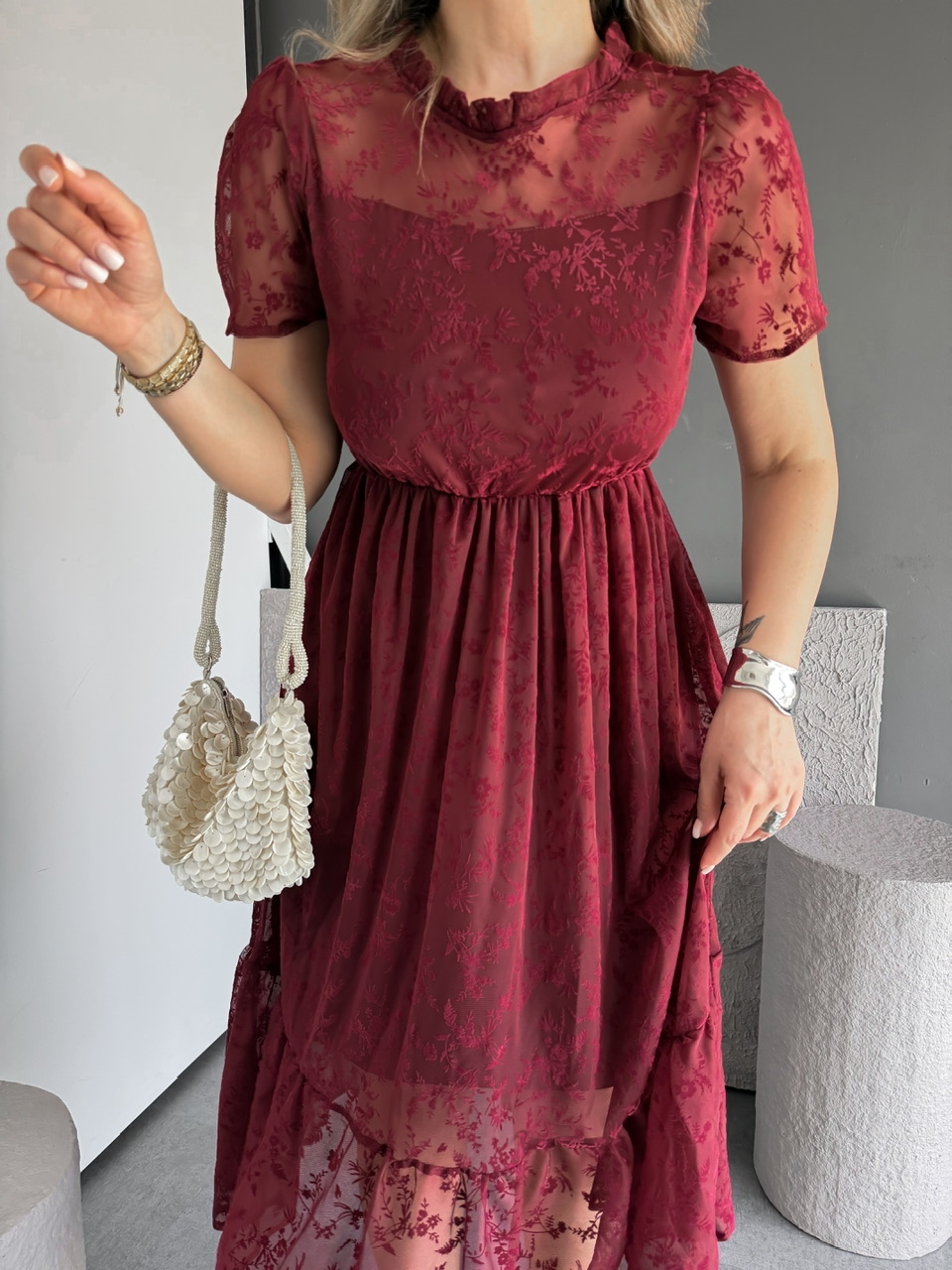 Bordo Tül Çiçek Desenli Elbise