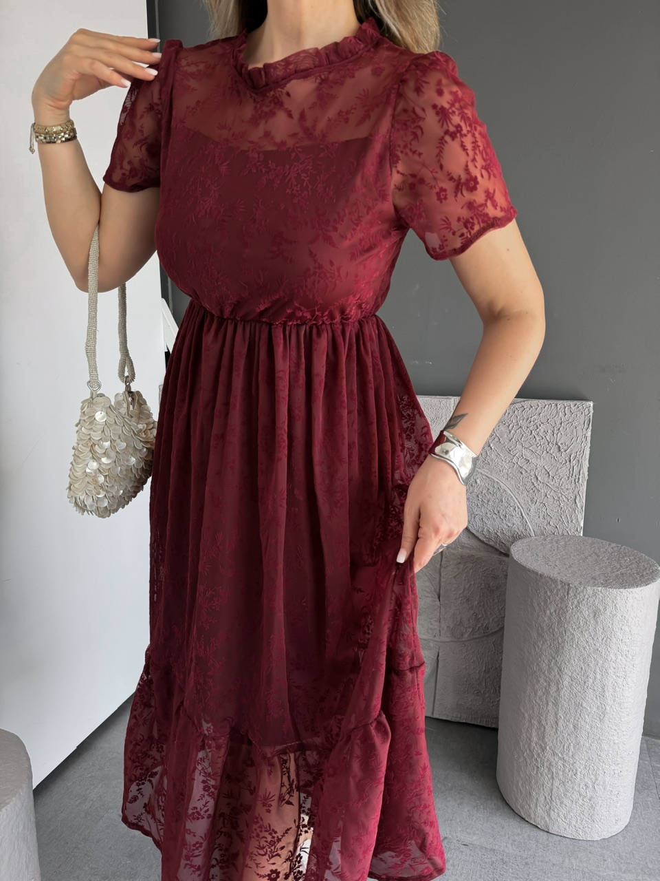 Bordo Tül Çiçek Desenli Elbise