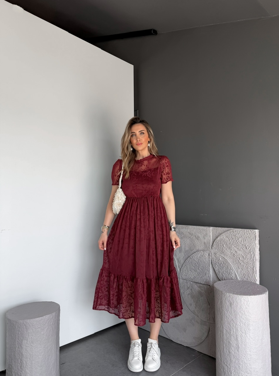 Bordo Tül Çiçek Desenli Elbise