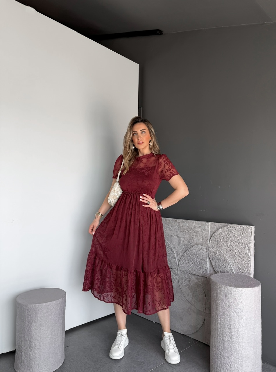Bordo Tül Çiçek Desenli Elbise