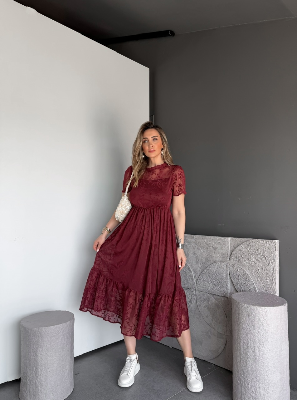 Bordo Tül Çiçek Desenli Elbise