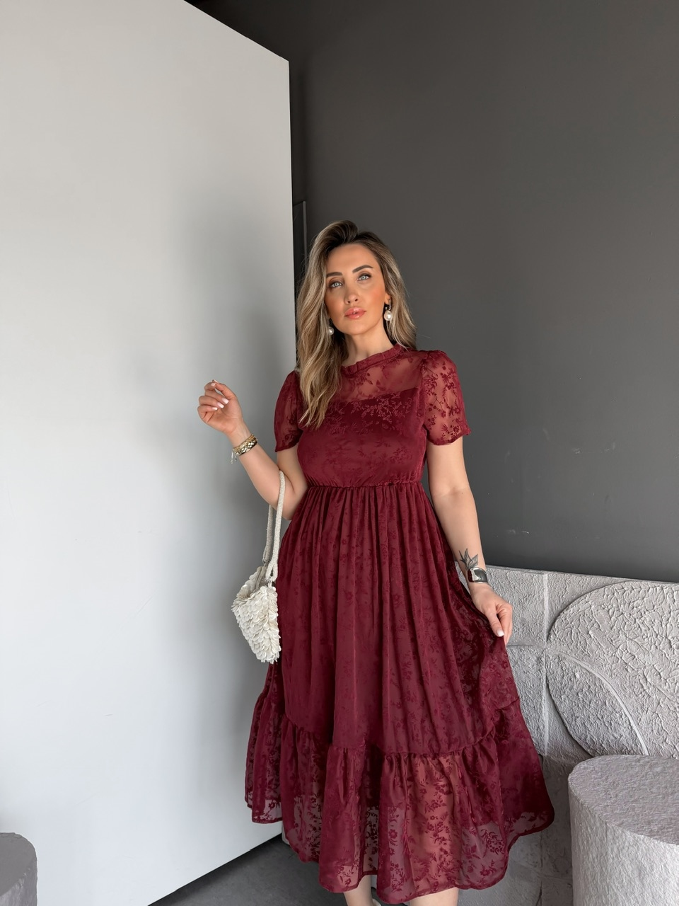Bordo Tül Çiçek Desenli Elbise