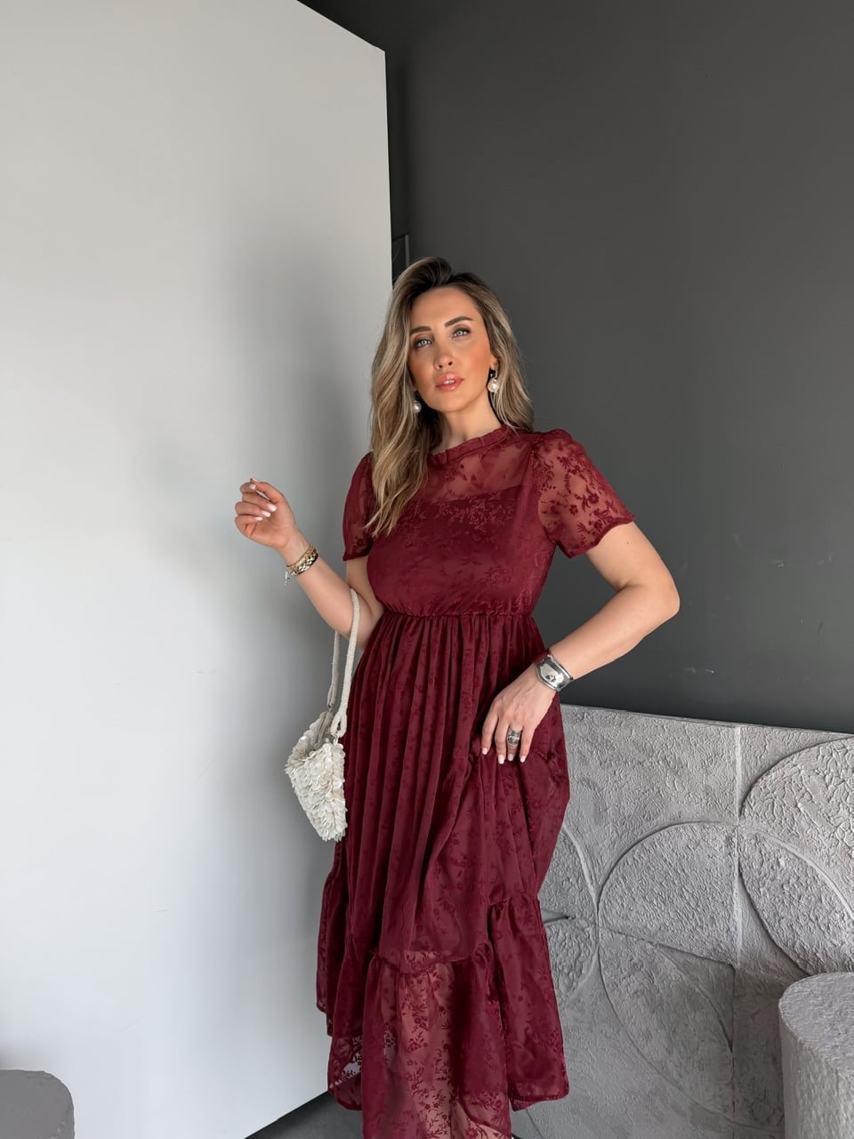 Bordo Tül Çiçek Desenli Elbise