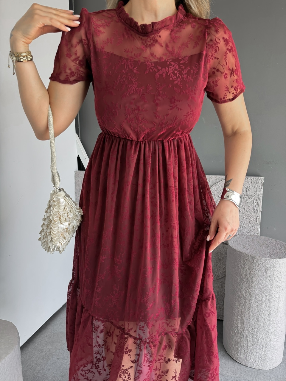 Bordo Tül Çiçek Desenli Elbise